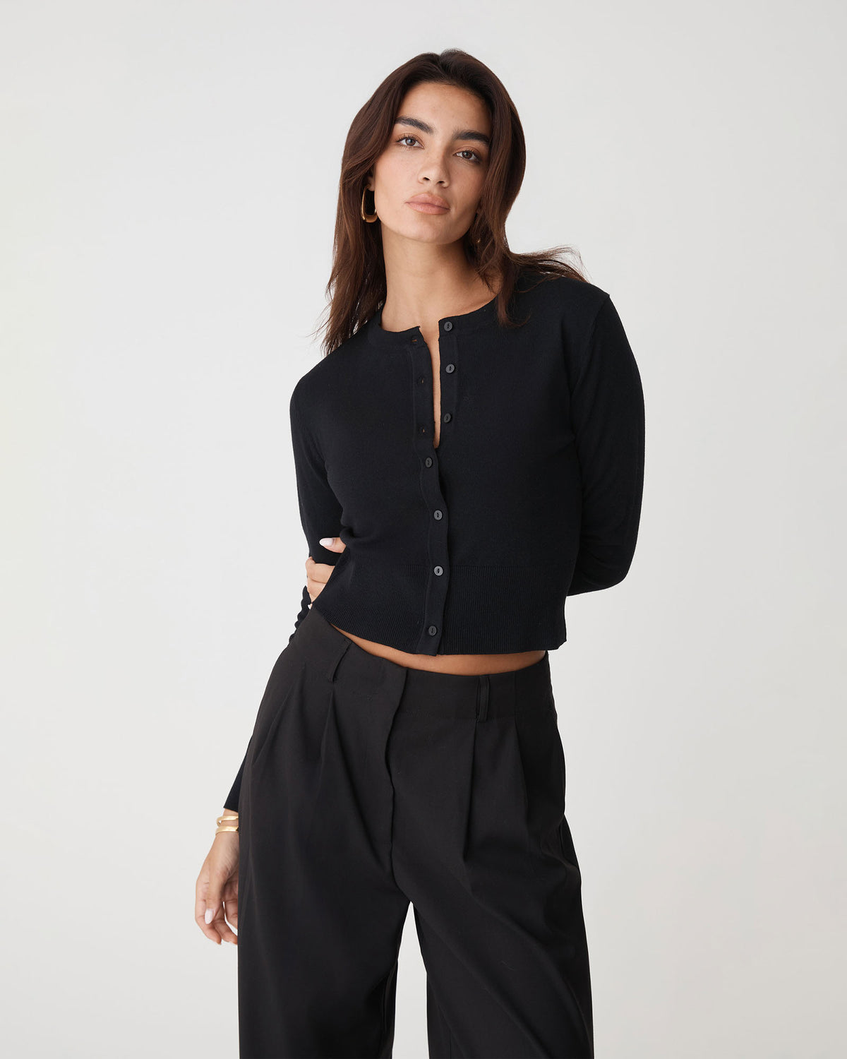 Cassie Crew Neck Cardigan in black — close-up view