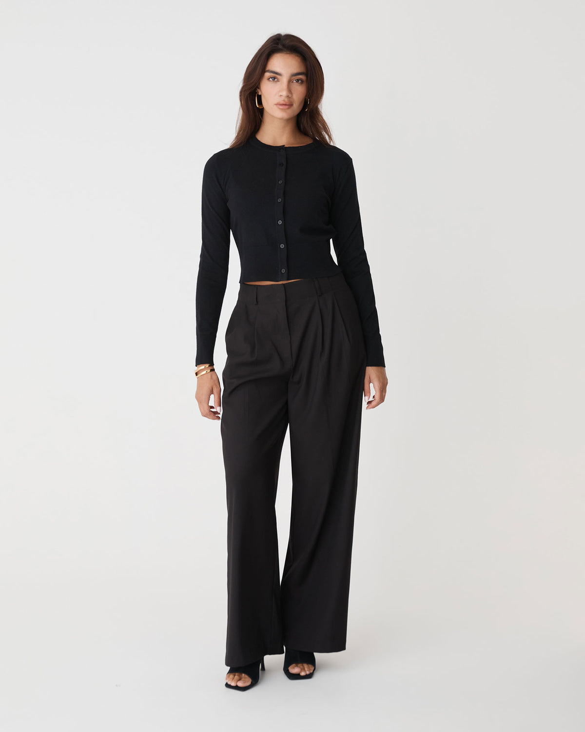 Cassie Crew Neck Cardigan in black — full-length view 2