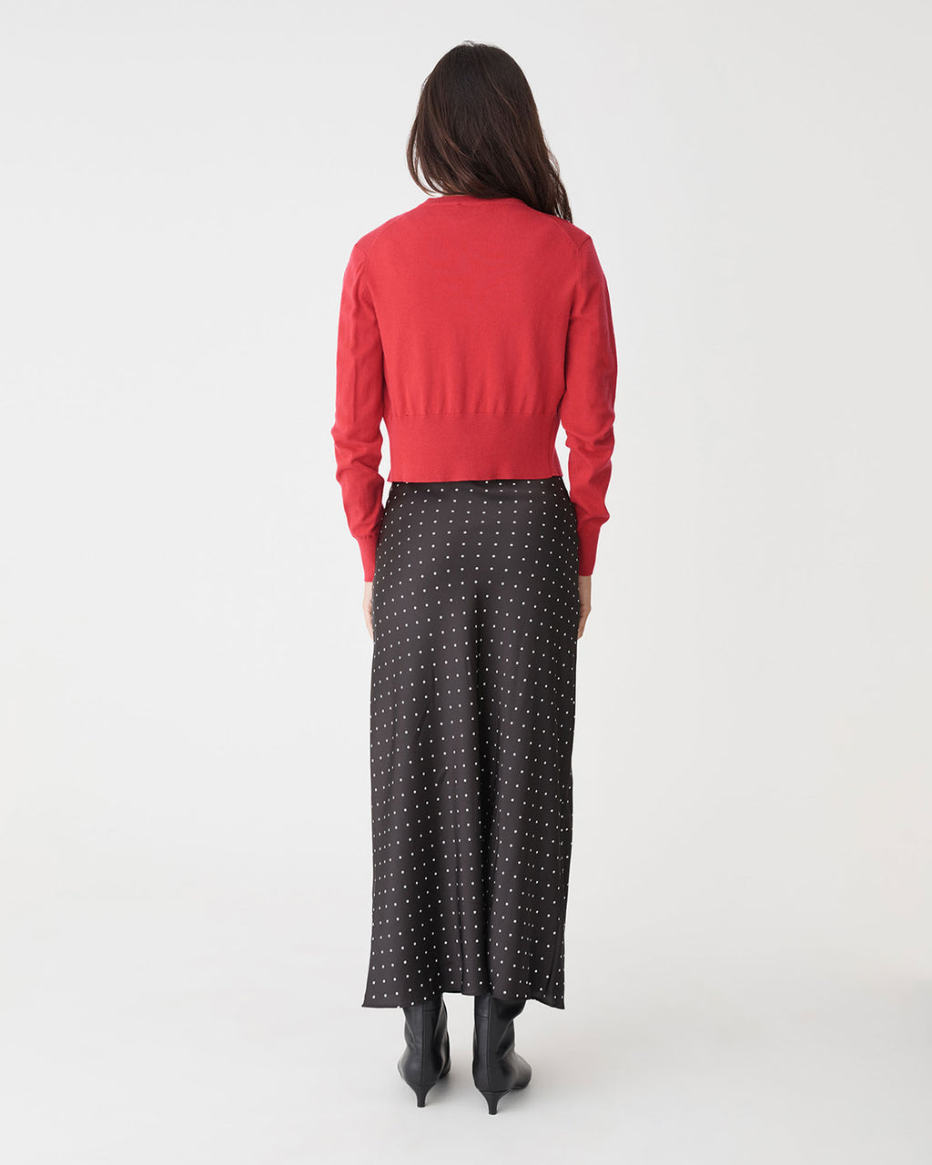 Cassie Crew Neck Cardigan in cherry — back view