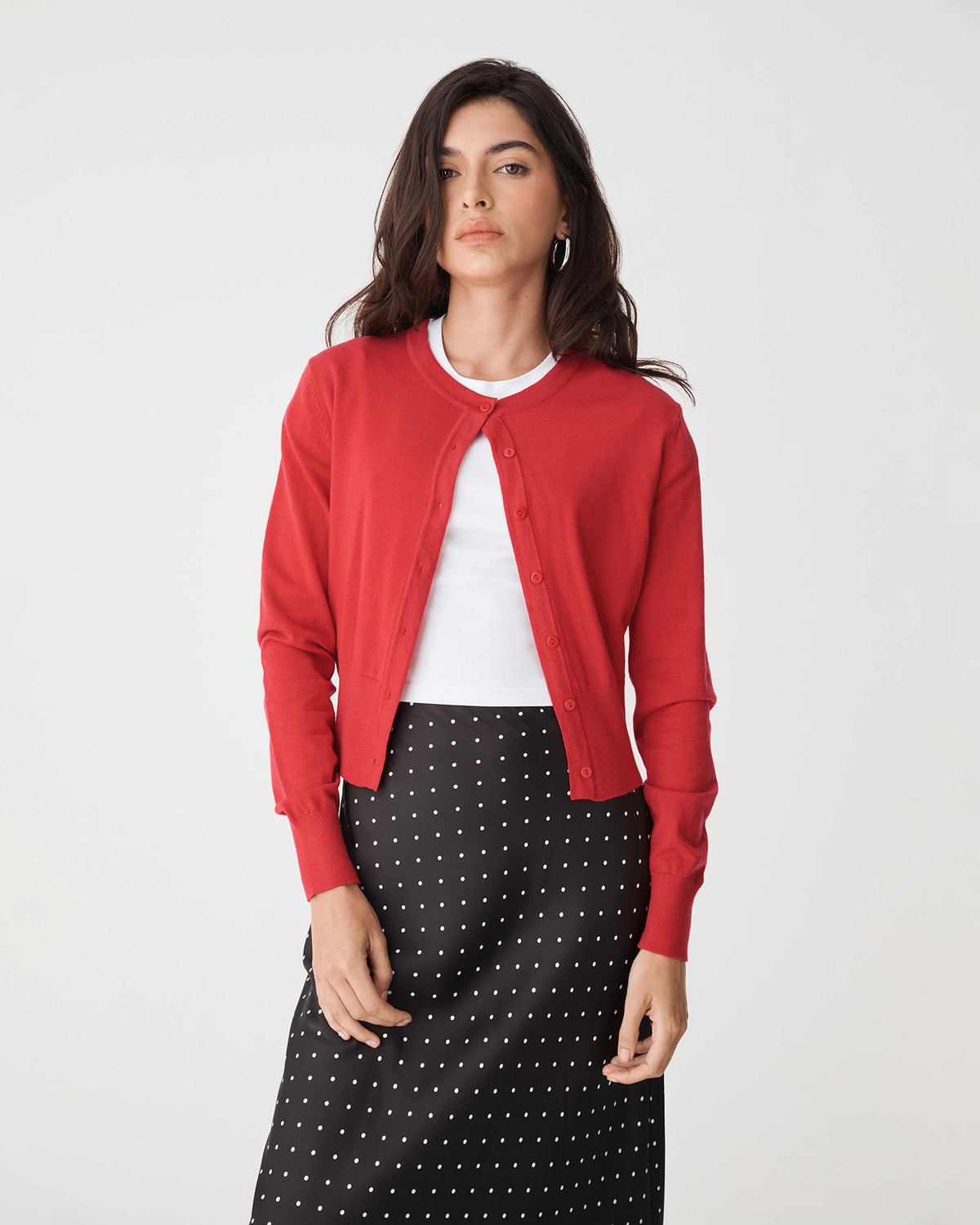 Cassie Crew Neck Cardigan in cherry — close-up view