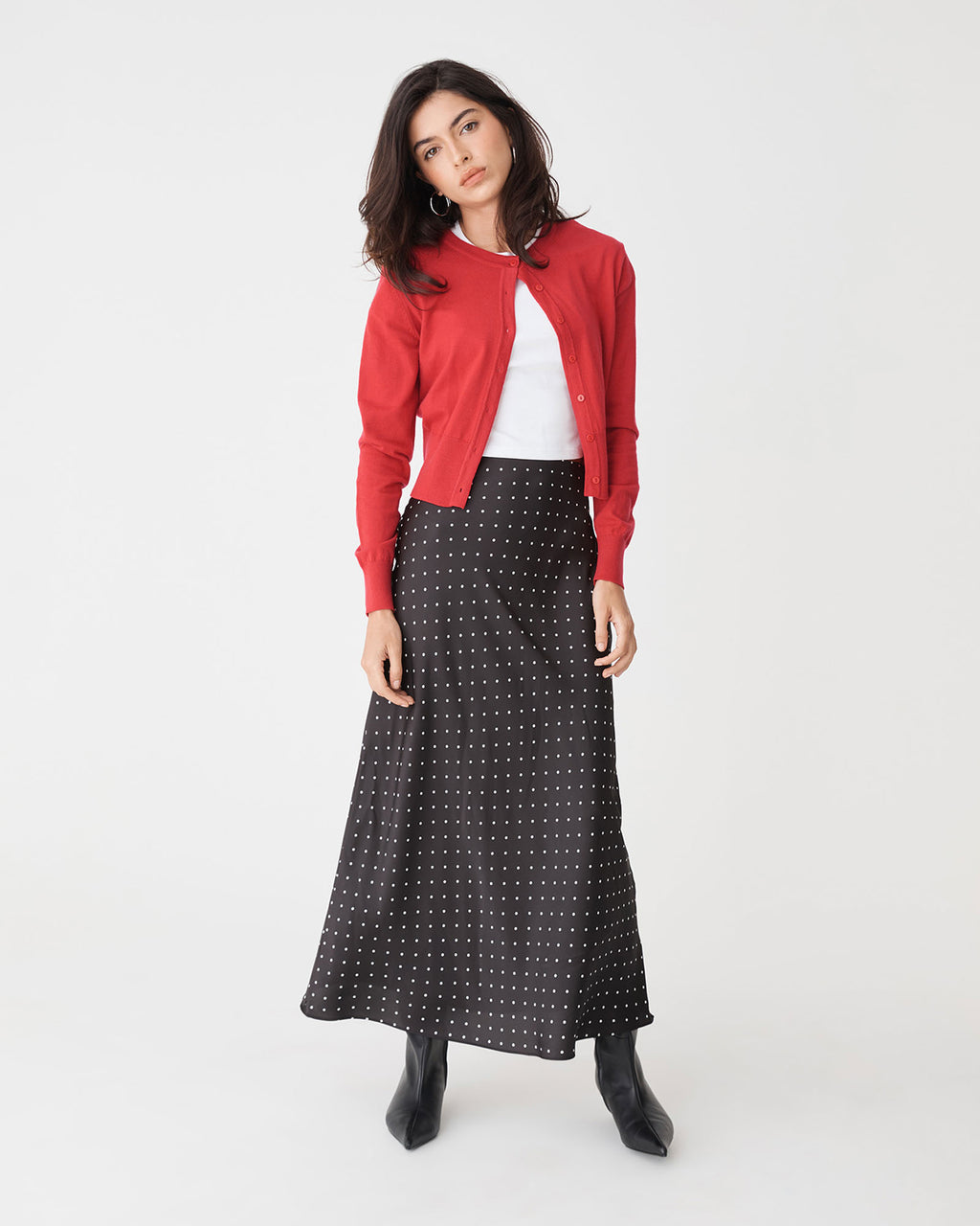 Cassie Crew Neck Cardigan in cherry — full-length view