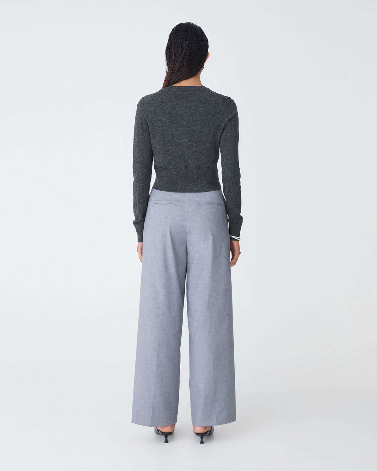 Cassie Crew Neck Cardigan in charcoal marle — back view