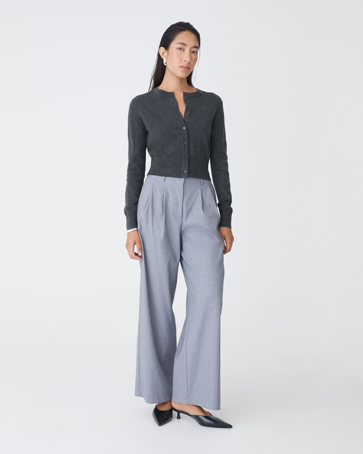 Cassie Crew Neck Cardigan in charcoal marle — full-length view