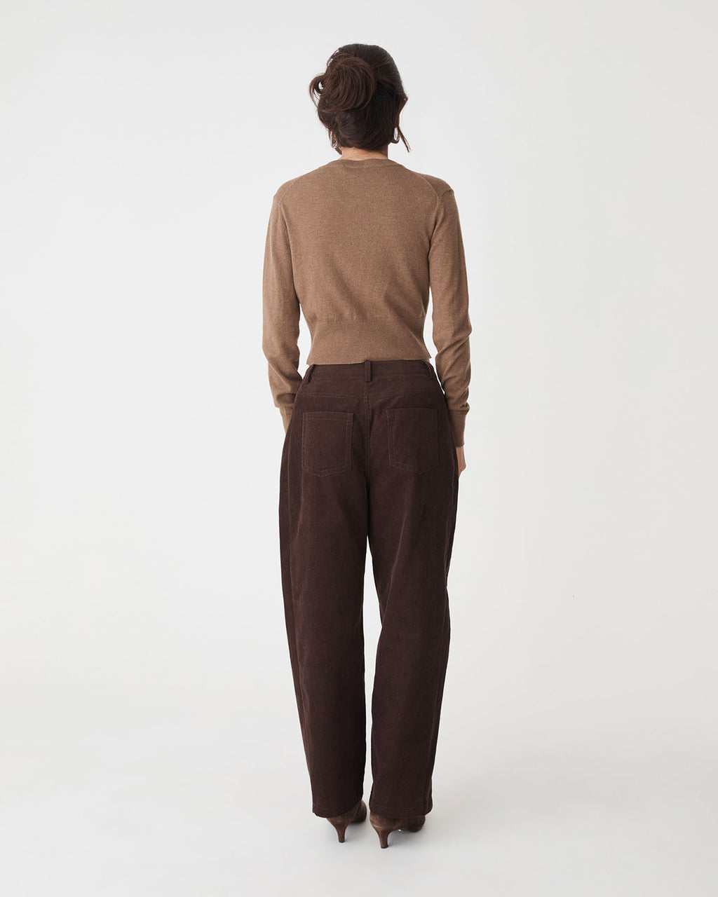 Cassie Crew Neck Cardigan in coffee — back view