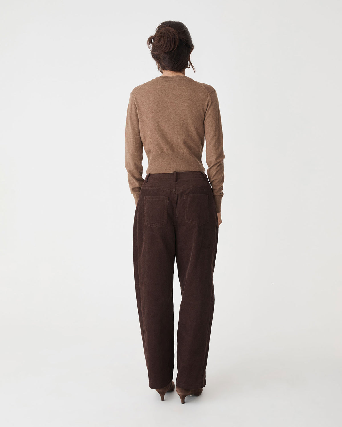 Cassie Crew Neck Cardigan in coffee — back view