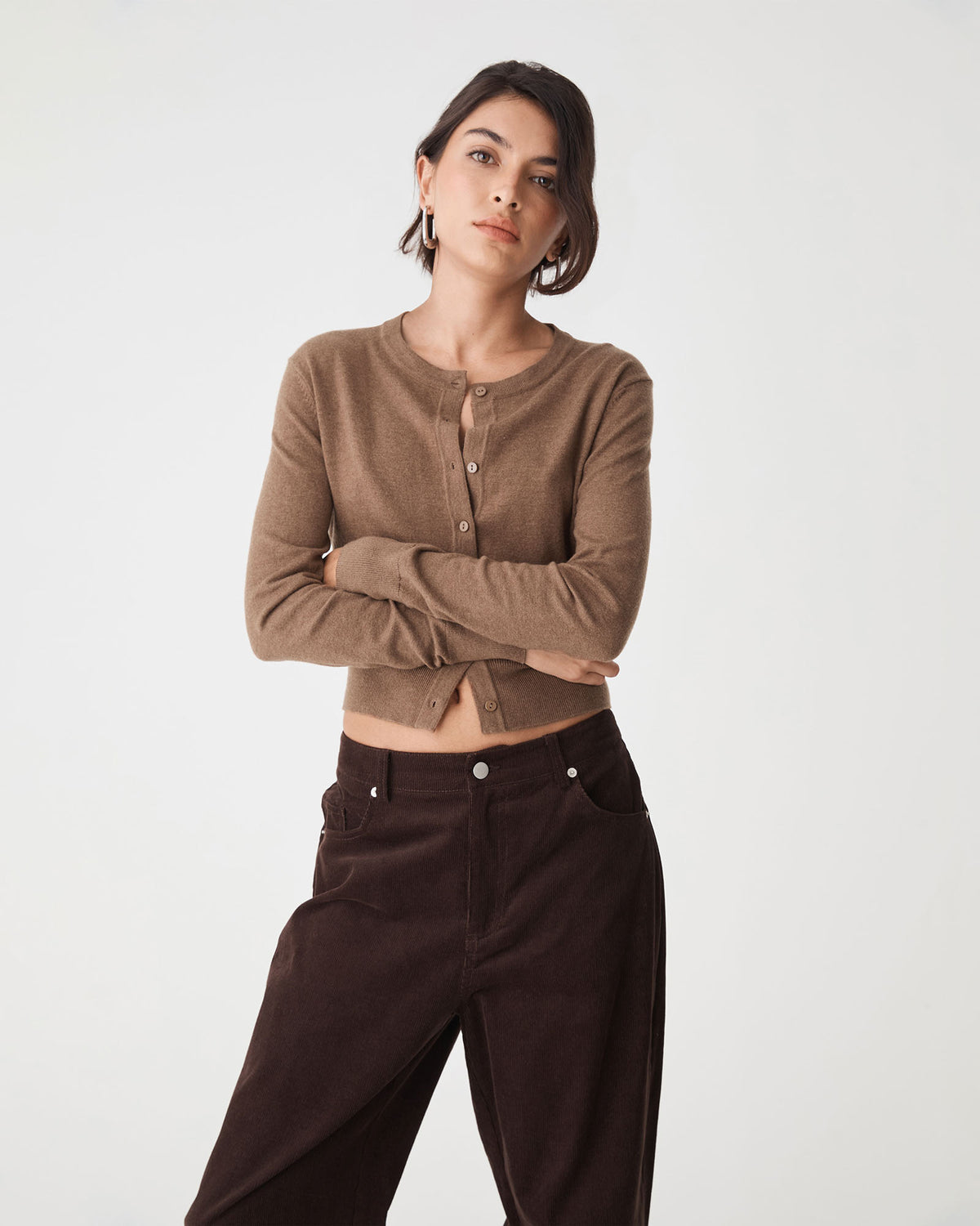 Cassie Crew Neck Cardigan in coffee — close-up view