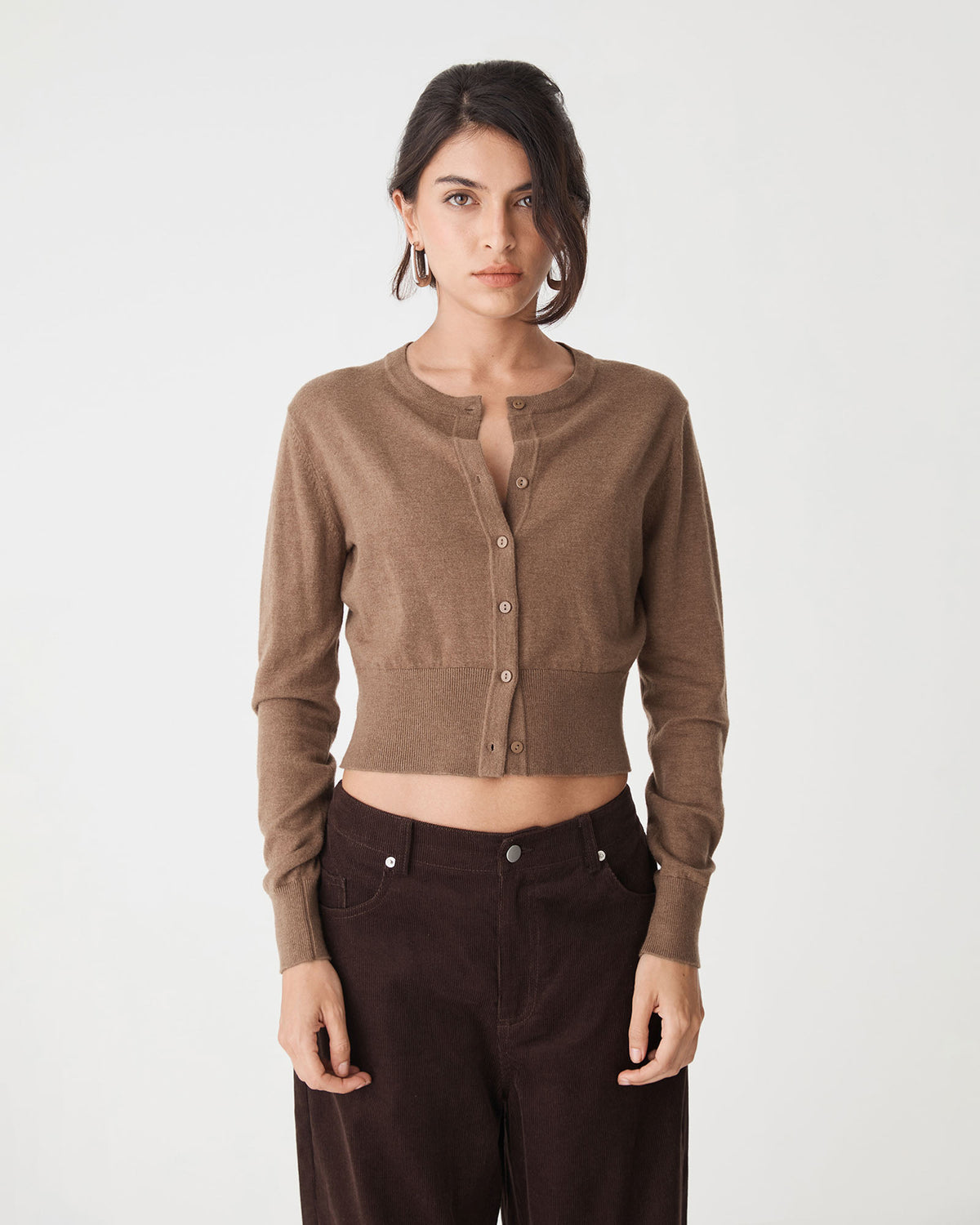 Cassie Crew Neck Cardigan in coffee — close-up view 2