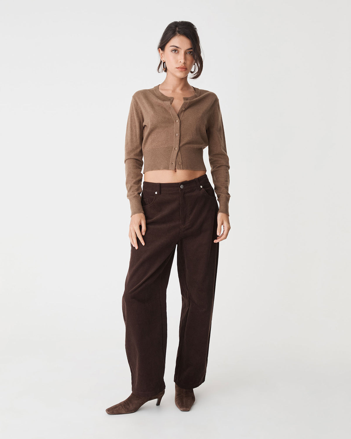 Cassie Crew Neck Cardigan in coffee — full-length view
