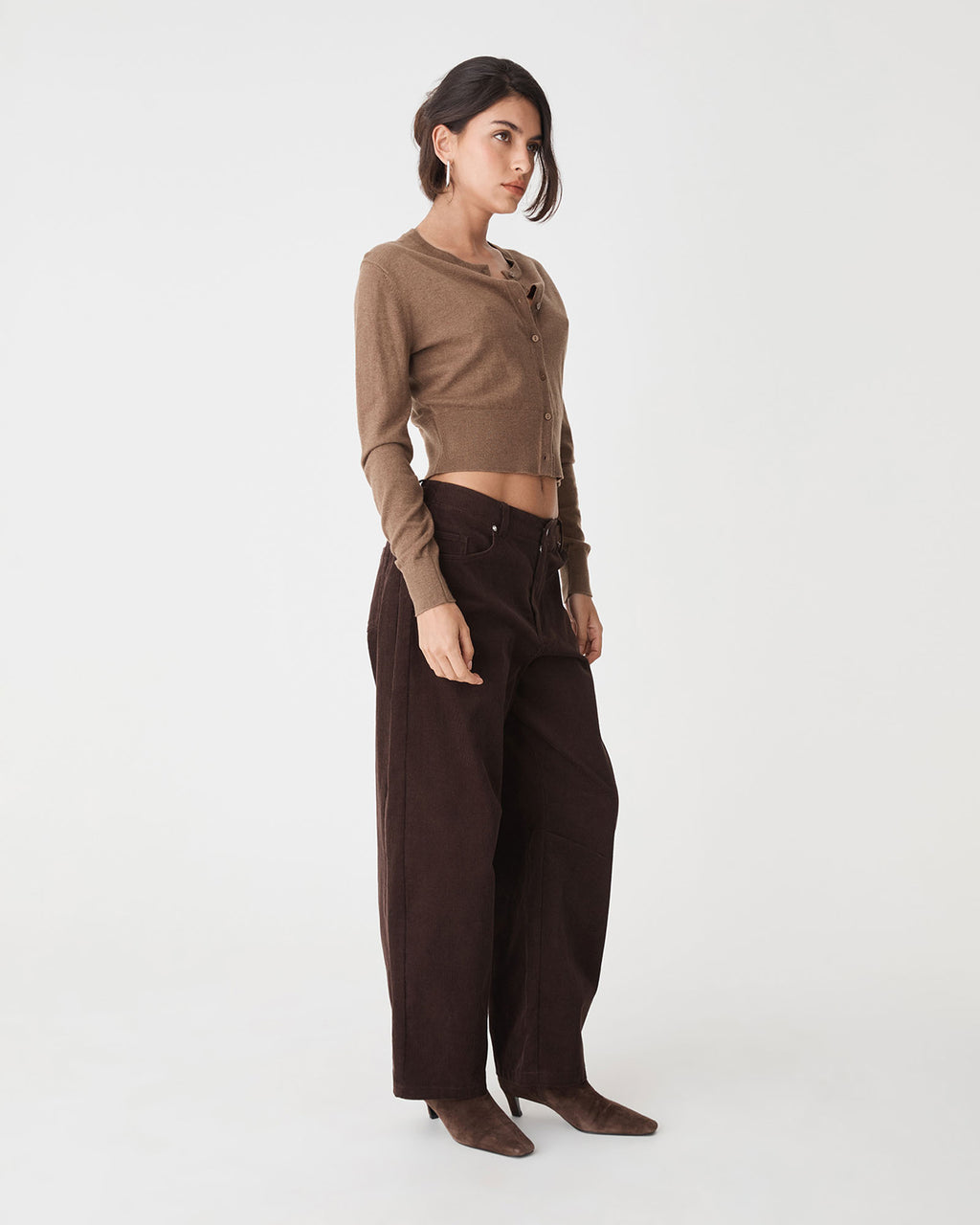 Cassie Crew Neck Cardigan in coffee — side view