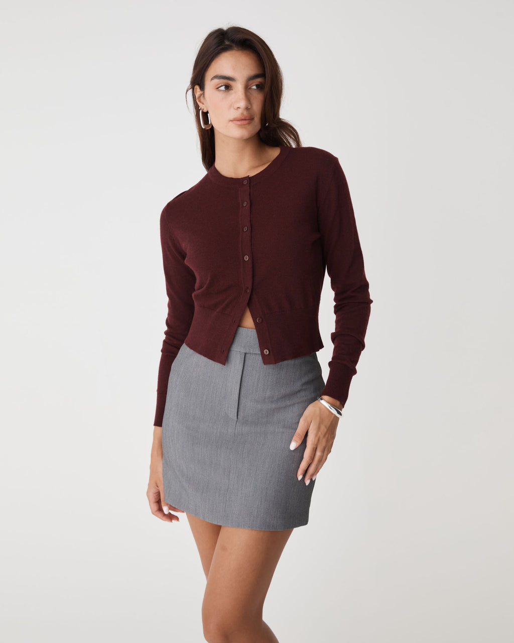 Cassie Crew Neck Cardigan in shiraz — close-up view