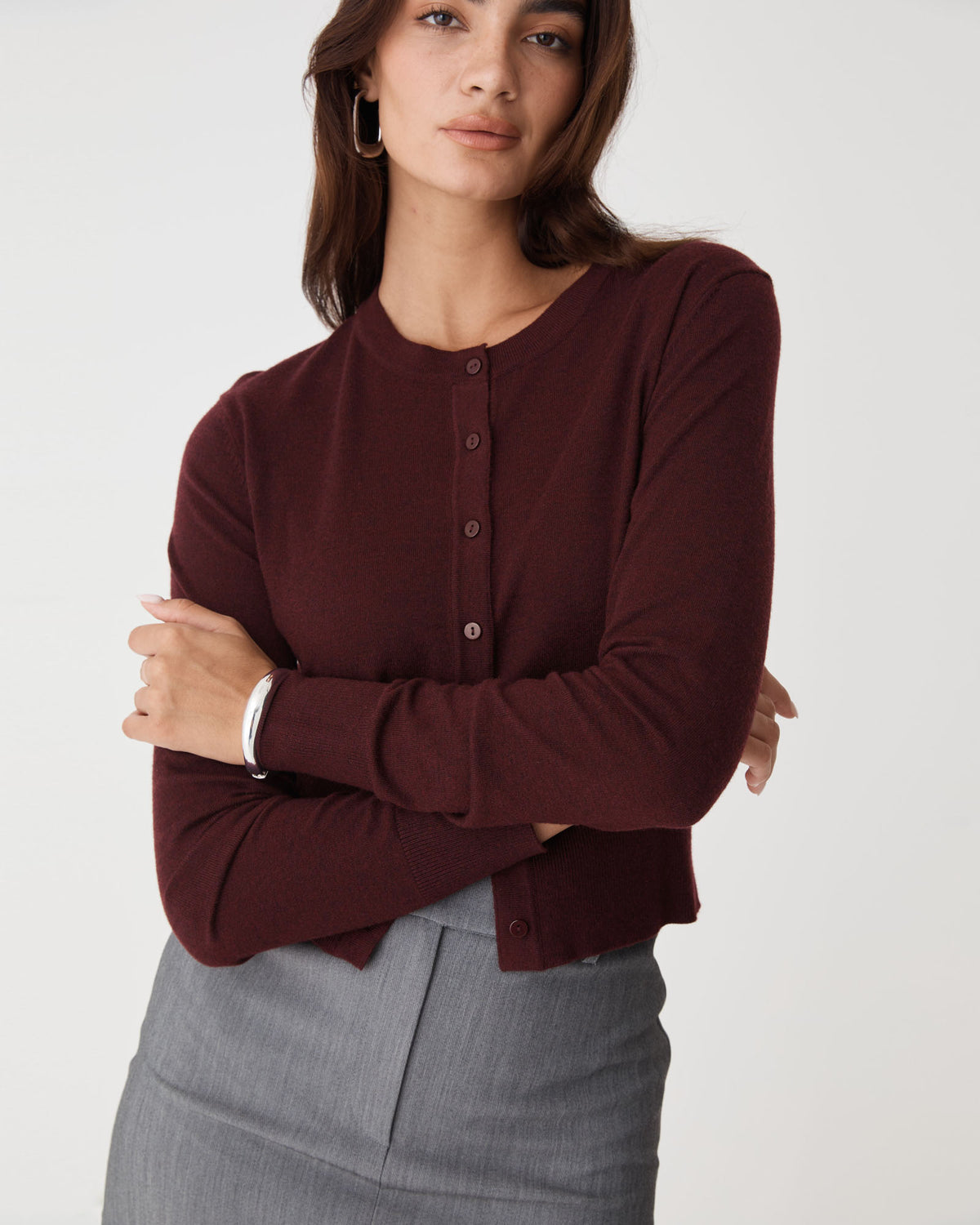 Cassie Crew Neck Cardigan in shiraz — close-up view 3