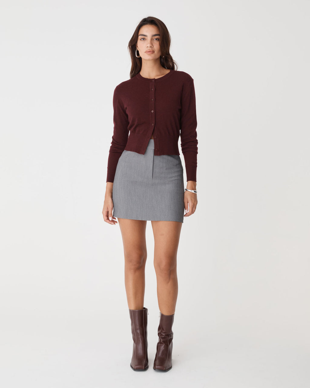Cassie Crew Neck Cardigan in shiraz — full-length view