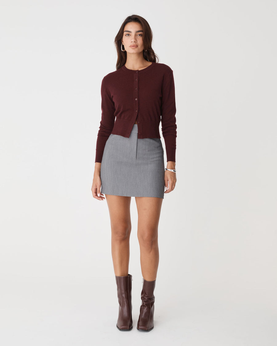 Cassie Crew Neck Cardigan in shiraz — full-length view