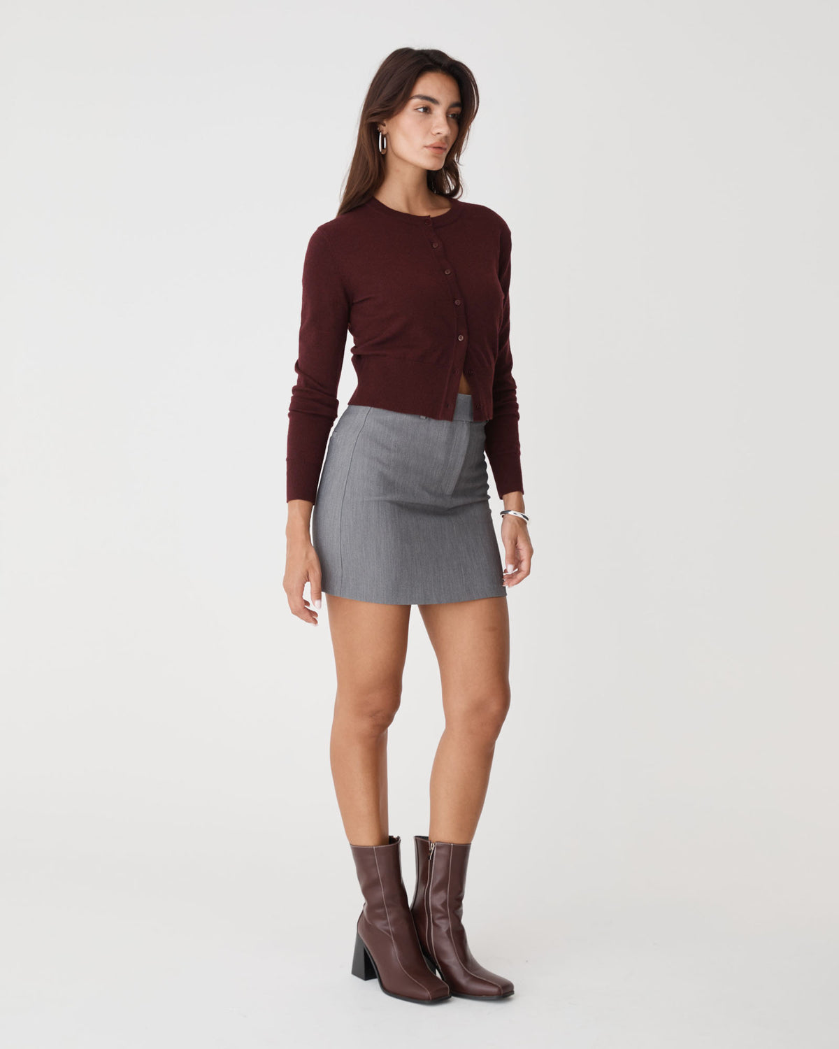 Cassie Crew Neck Cardigan in shiraz — side view