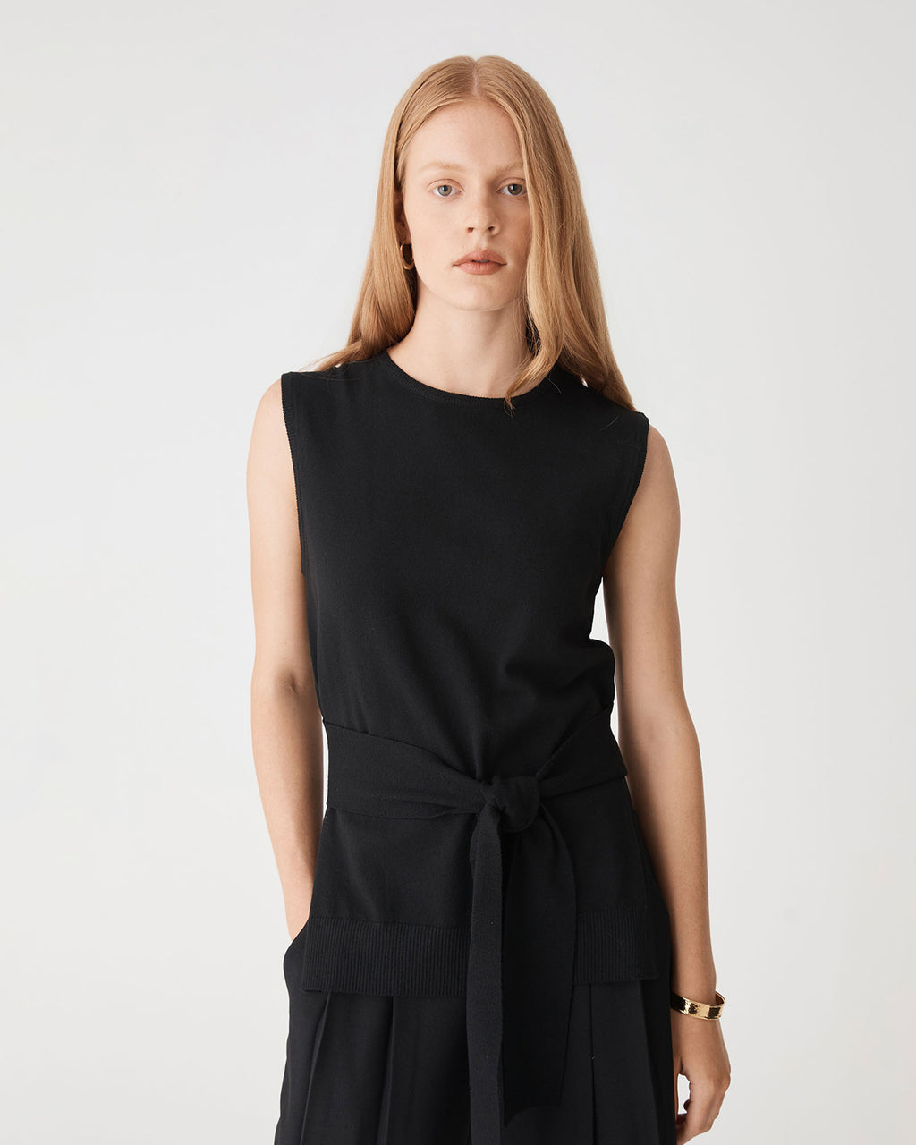 Nora Sleeveless Tie Waist Knit in black — close-up view