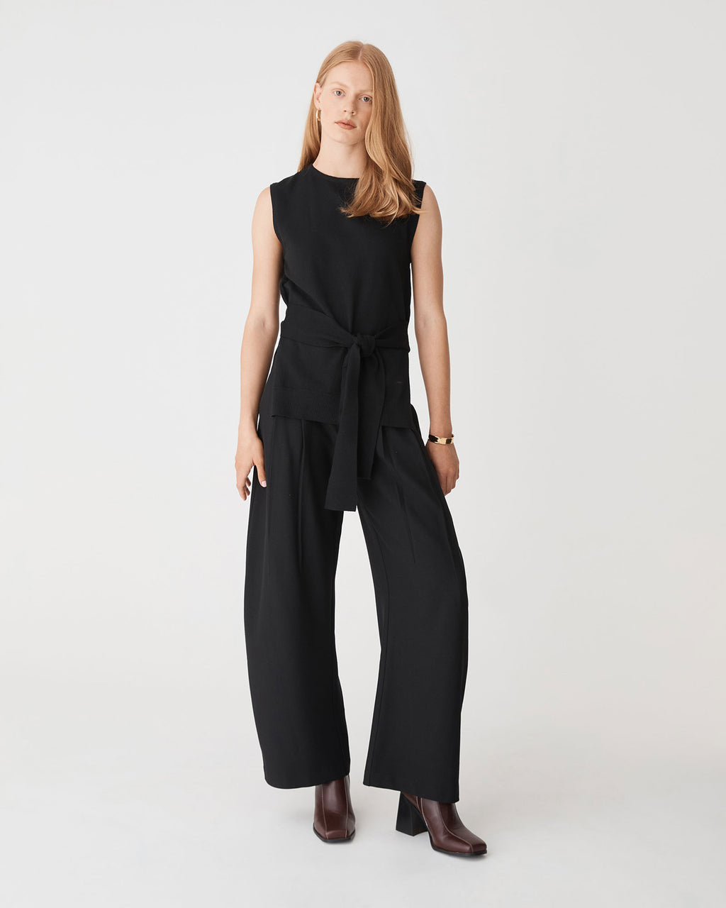 Nora Sleeveless Tie Waist Knit in black — full-length view