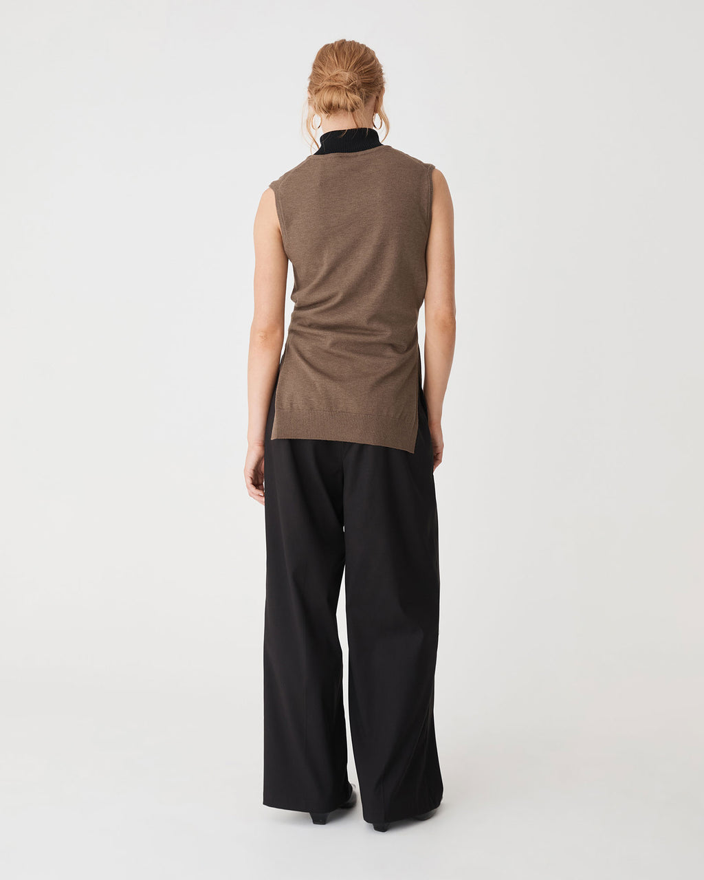 Nora Sleeveless Tie Waist Knit in coffee — back view