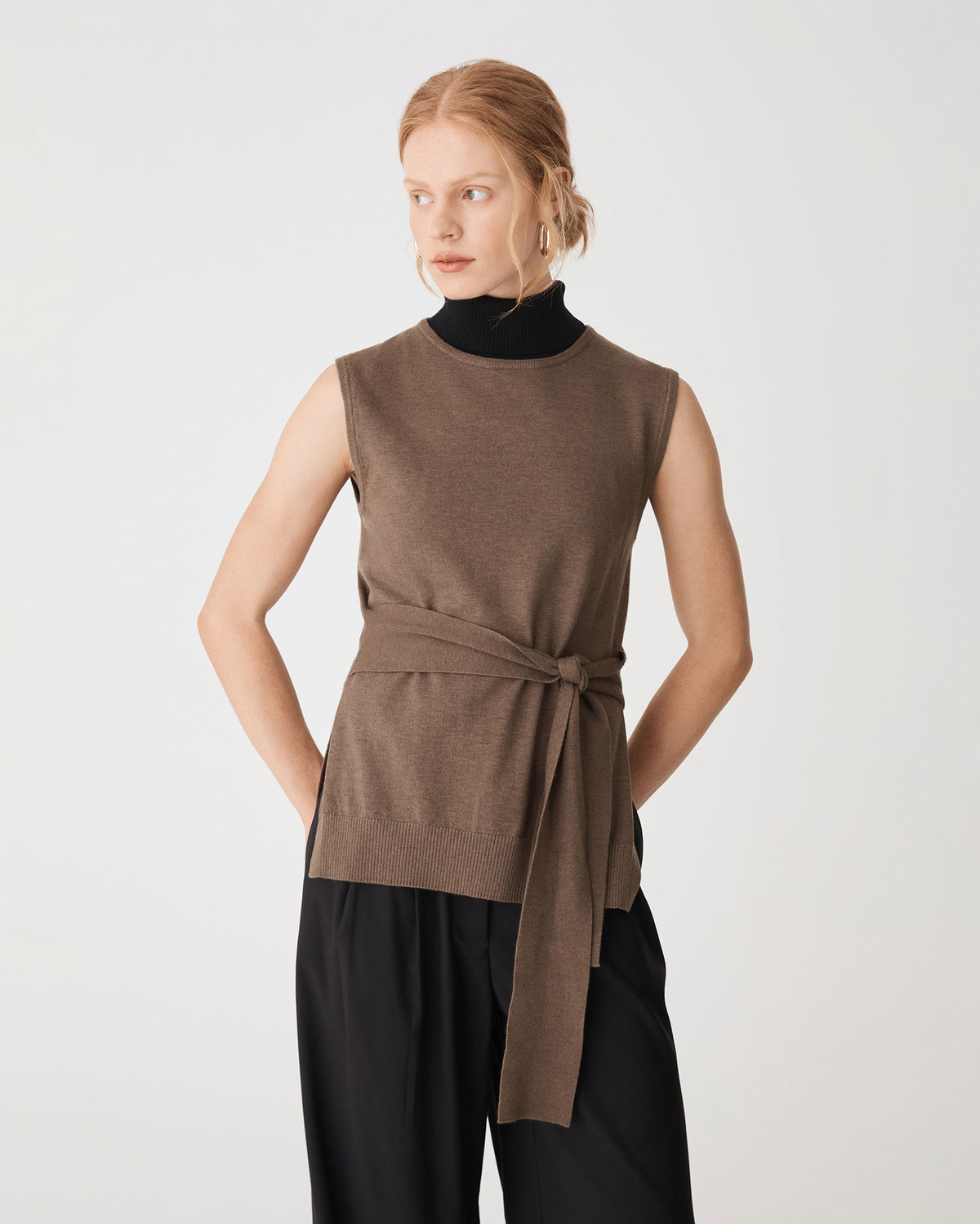 Nora Sleeveless Tie Waist Knit in coffee — close-up view