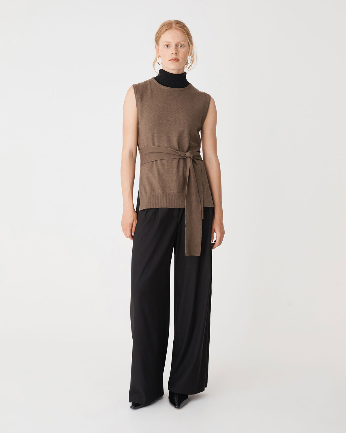Nora Sleeveless Tie Waist Knit in coffee — full-length view