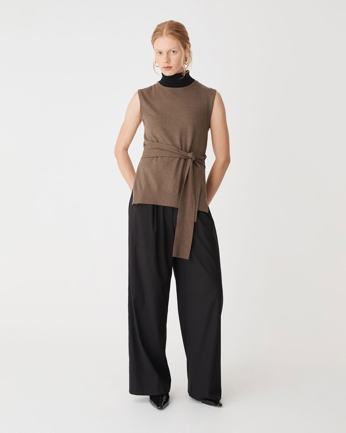 Nora Sleeveless Tie Waist Knit in coffee — full-length view 2