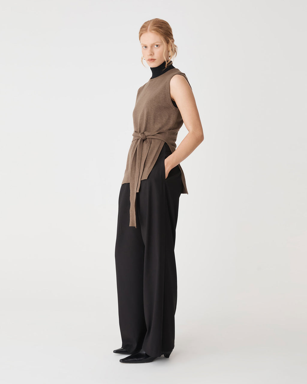 Nora Sleeveless Tie Waist Knit in coffee — side view