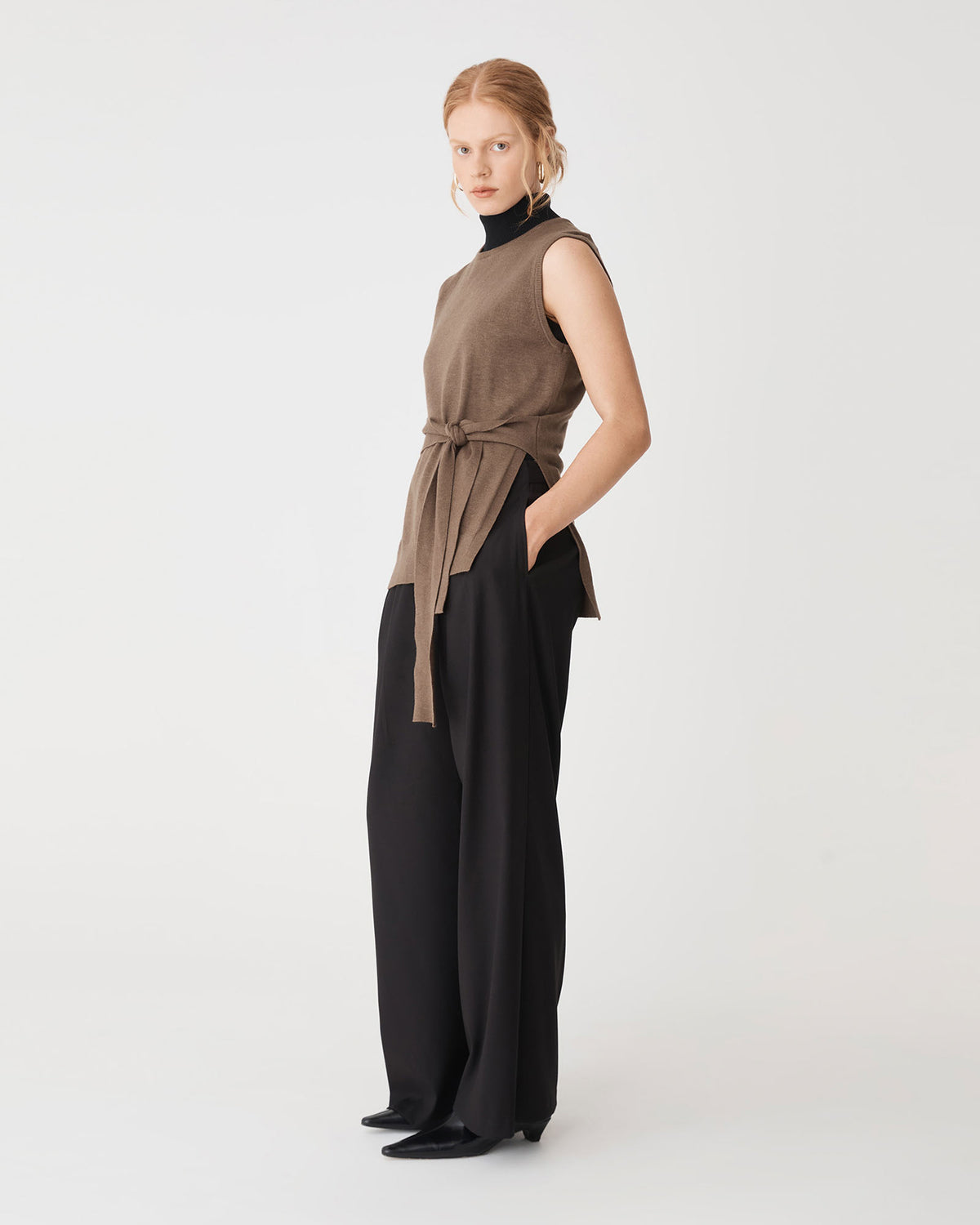Nora Sleeveless Tie Waist Knit in coffee — side view
