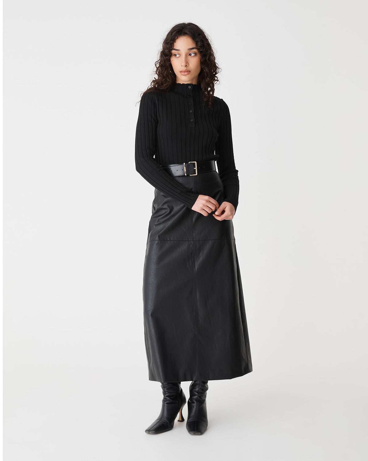 Inez Mock Neck Henley Knit in black — full-length view