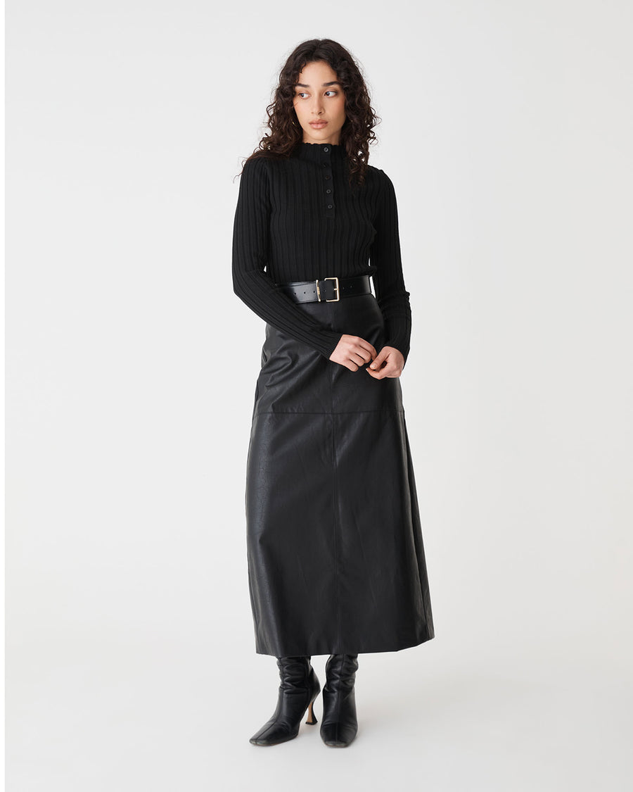 Inez Mock Neck Henley Knit in black — full-length view