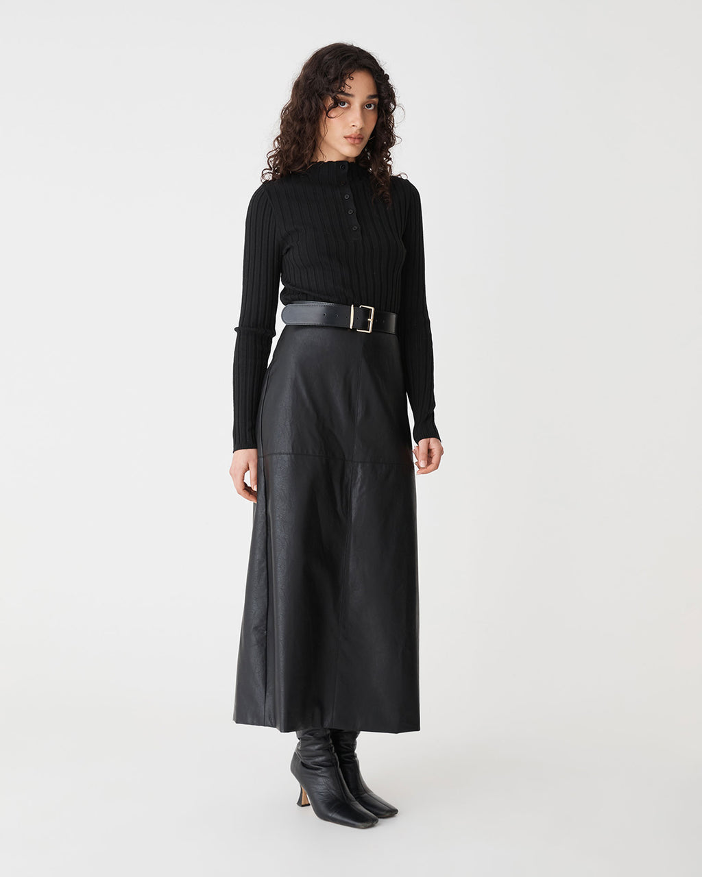 Inez Mock Neck Henley Knit in black — side view