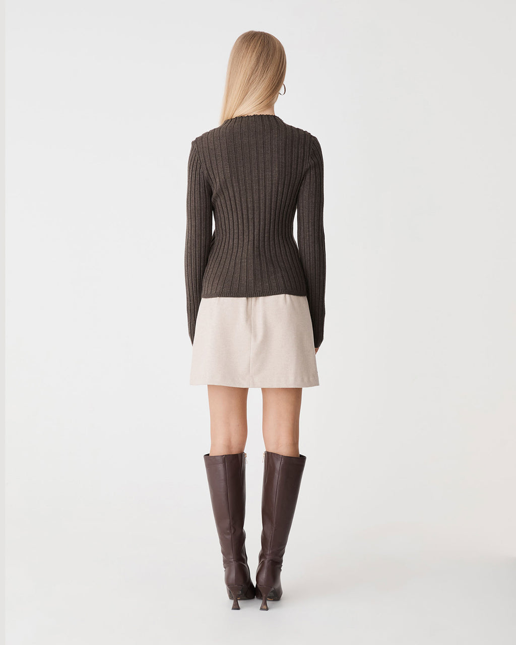 Inez Mock Neck Henley Knit in dark cedar — back view