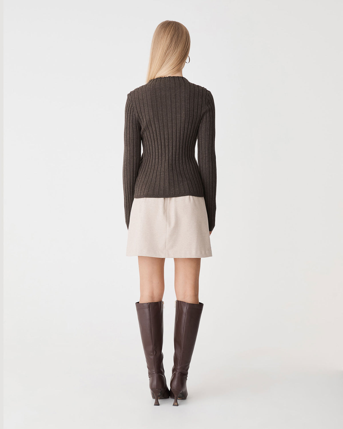 Inez Mock Neck Henley Knit in dark cedar — back view