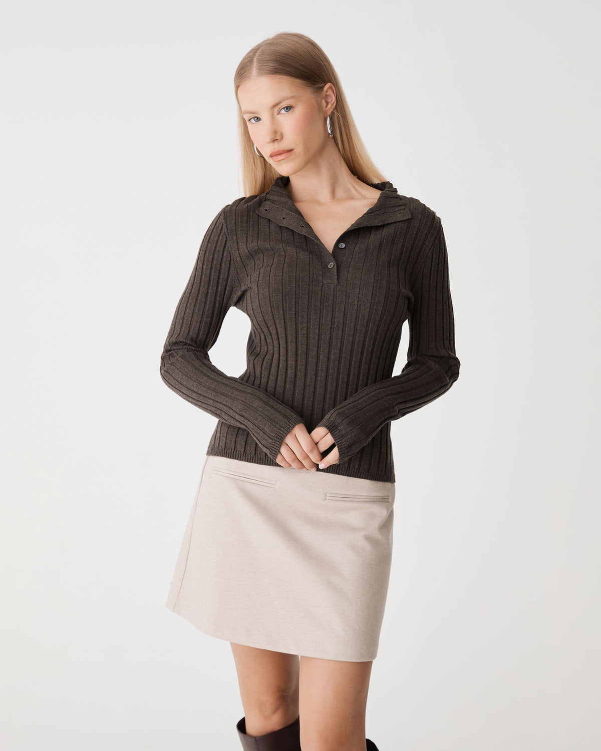 Inez Mock Neck Henley Knit in dark cedar — close-up view