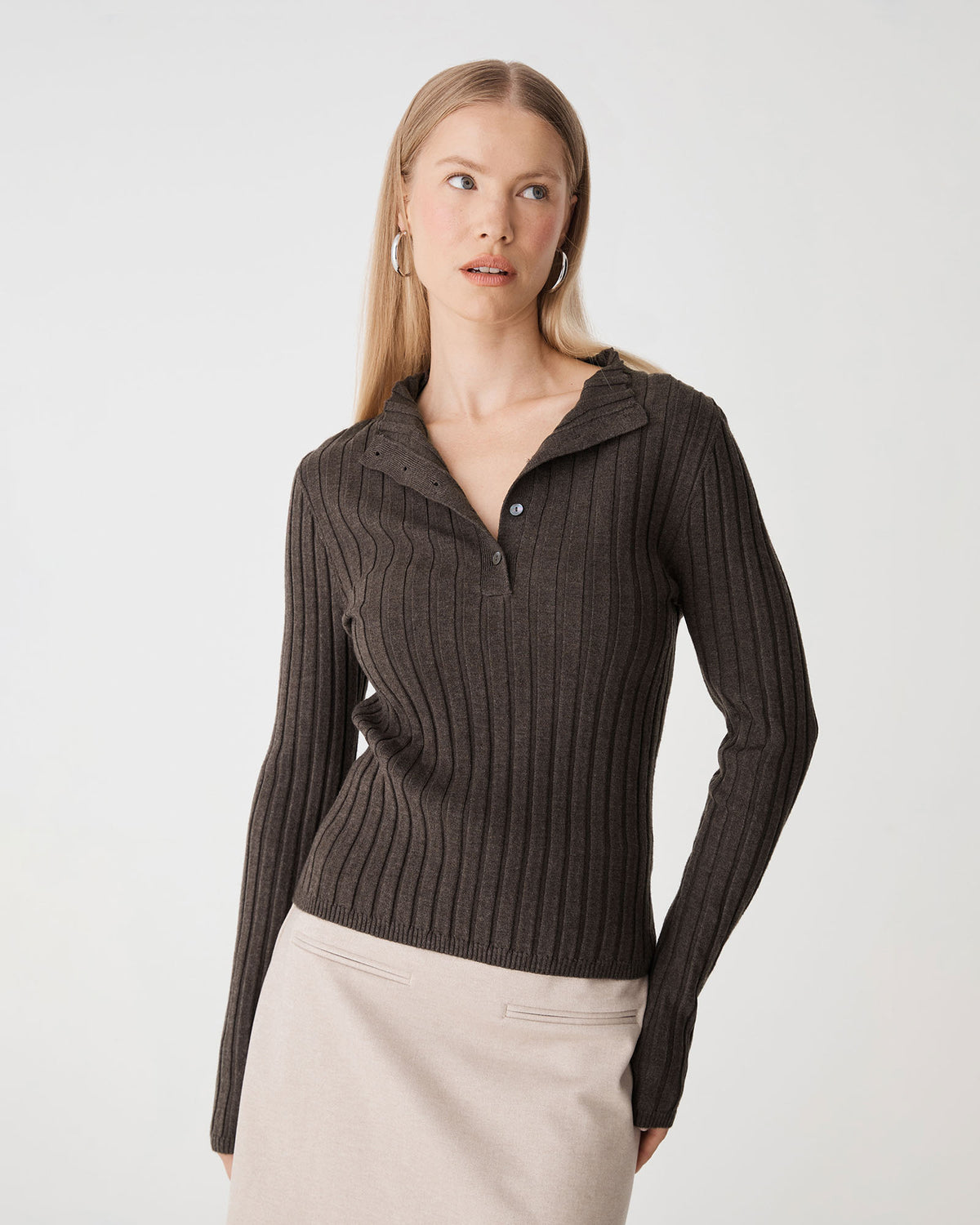 Inez Mock Neck Henley Knit in dark cedar — close-up view 2