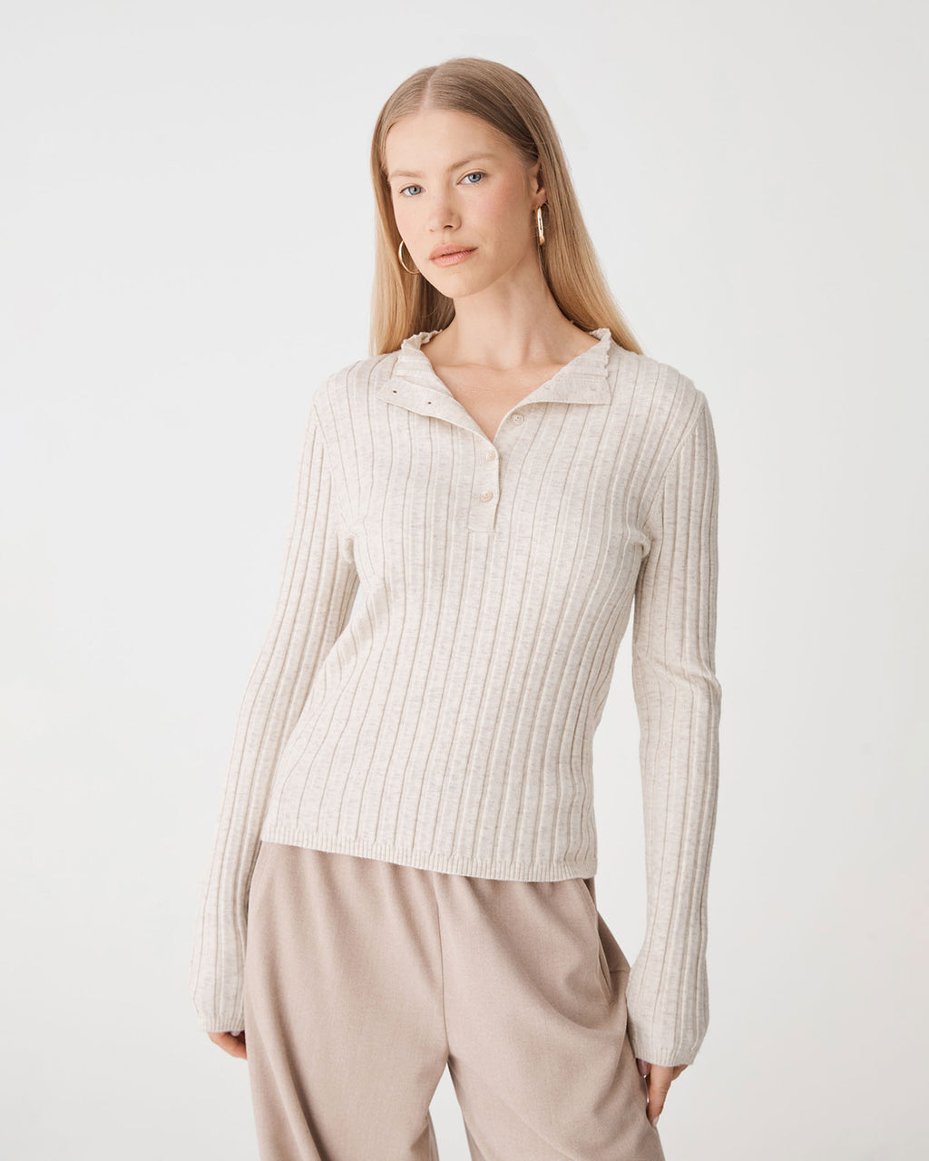Inez Mock Neck Henley Knit in eggnog — close-up view