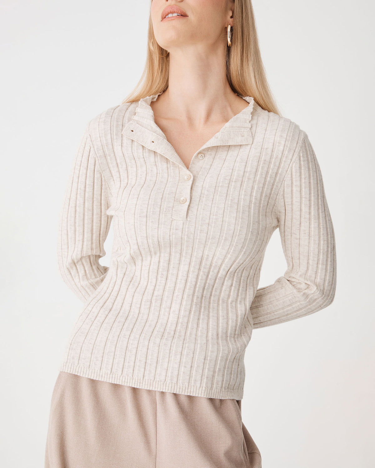 Inez Mock Neck Henley Knit in eggnog — close-up view 2