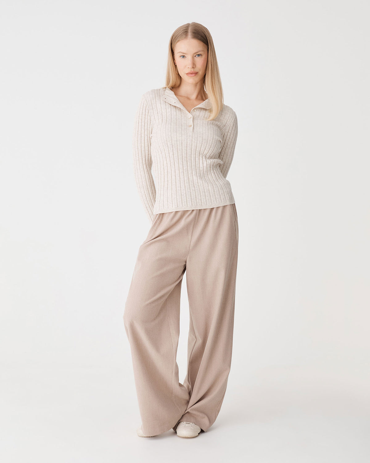 Inez Mock Neck Henley Knit in eggnog — full-length view