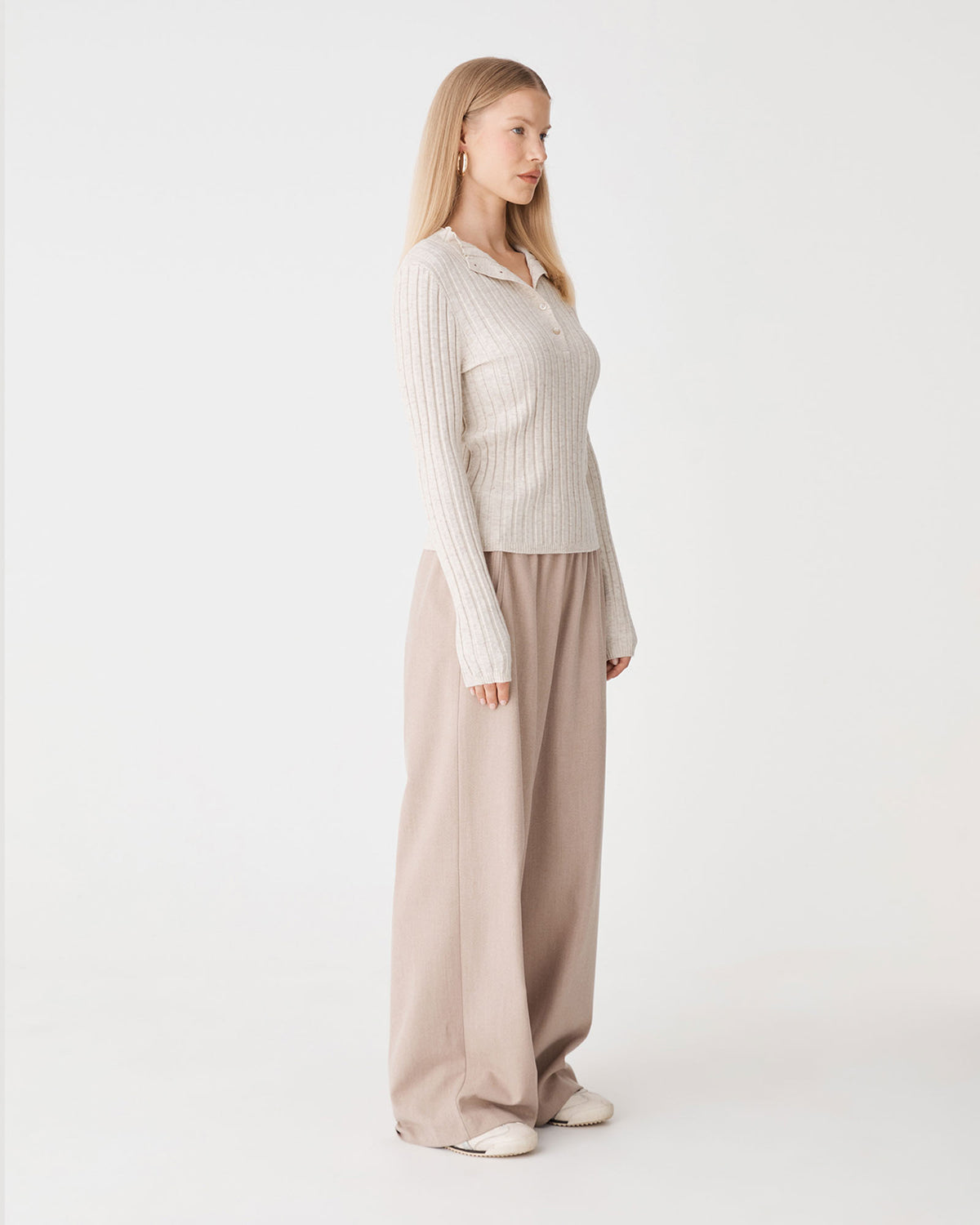 Inez Mock Neck Henley Knit in eggnog — side view