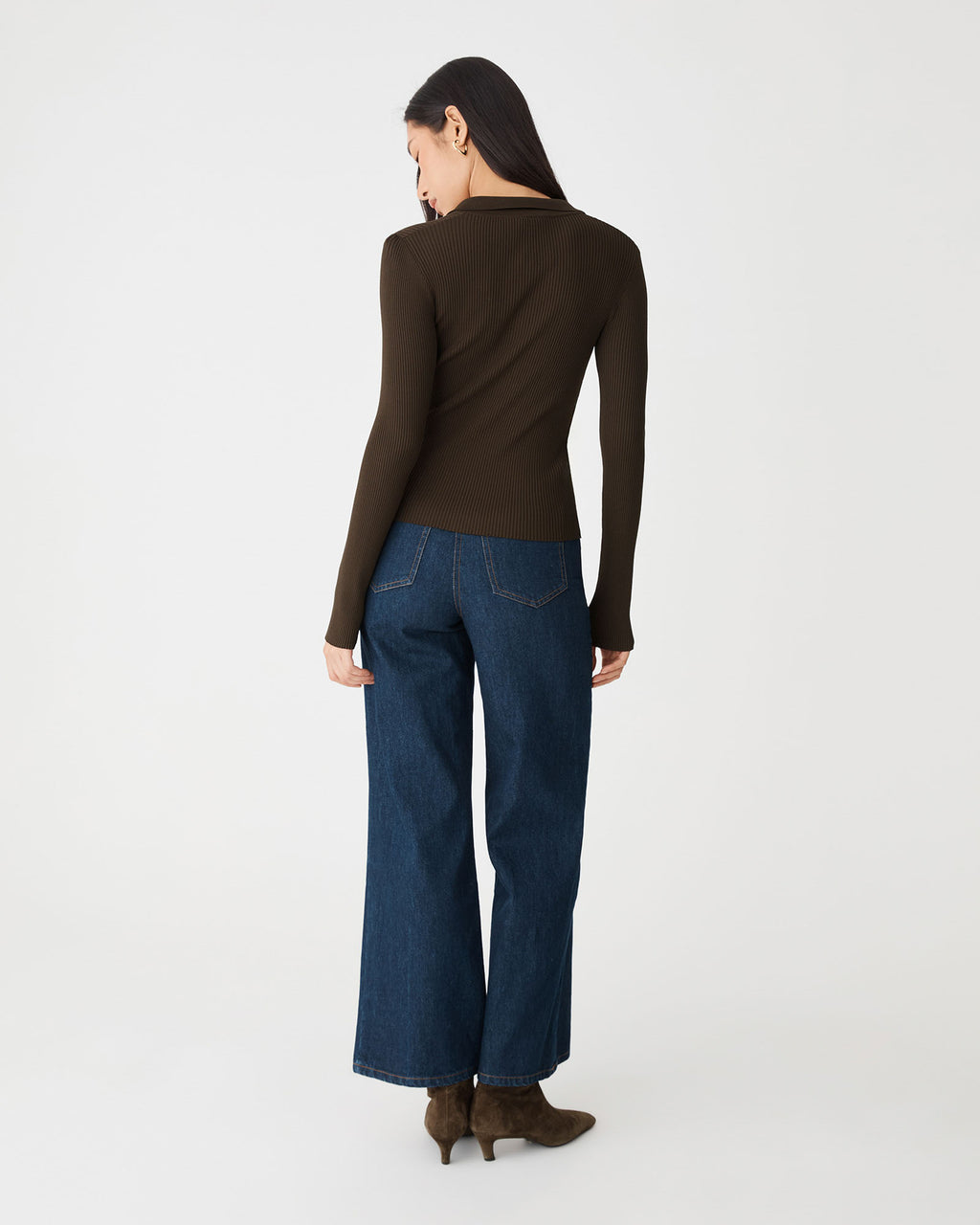 Bristol Collared Rib Cardigan in chocolate — back view