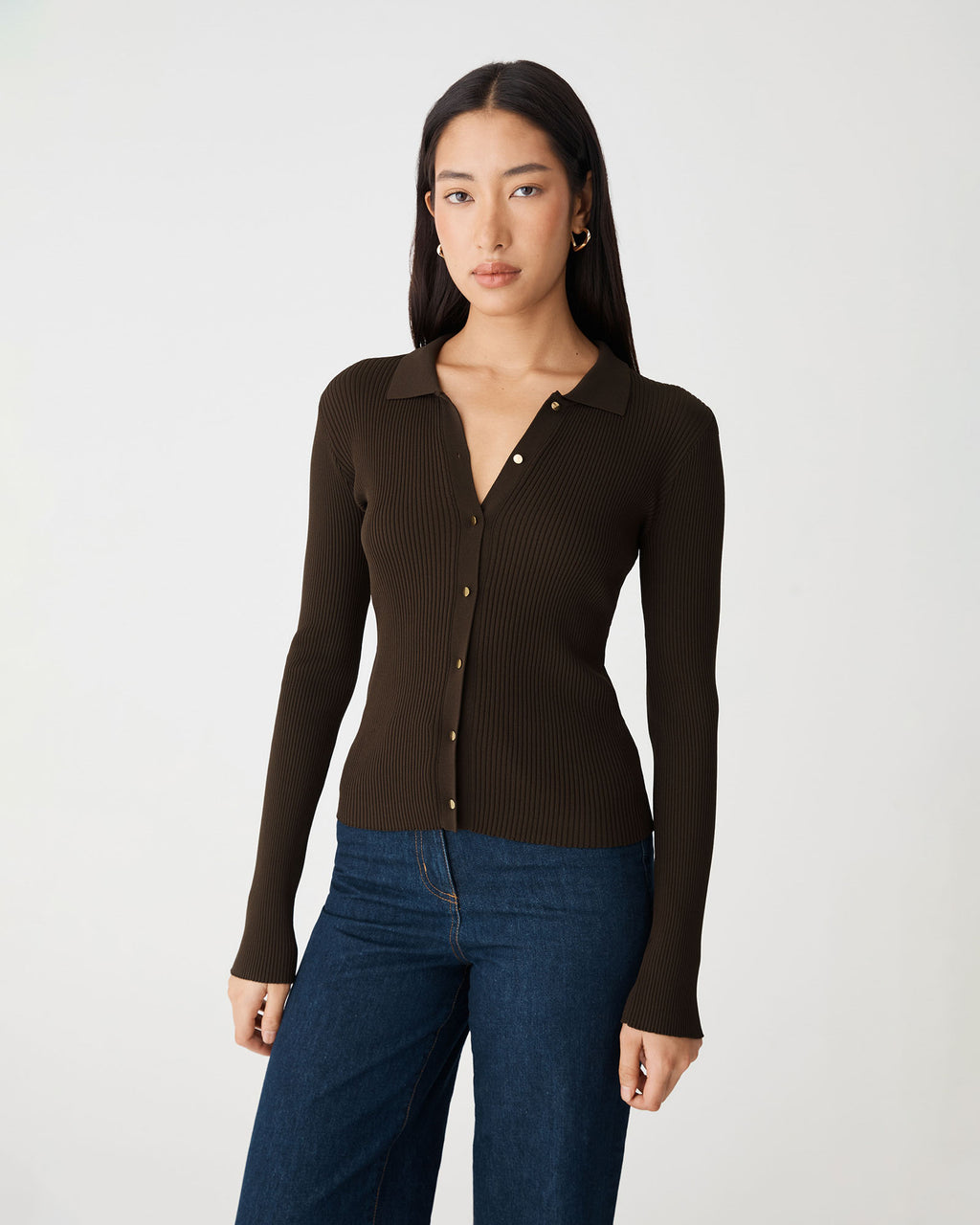 Bristol Collared Rib Cardigan in chocolate — close-up view