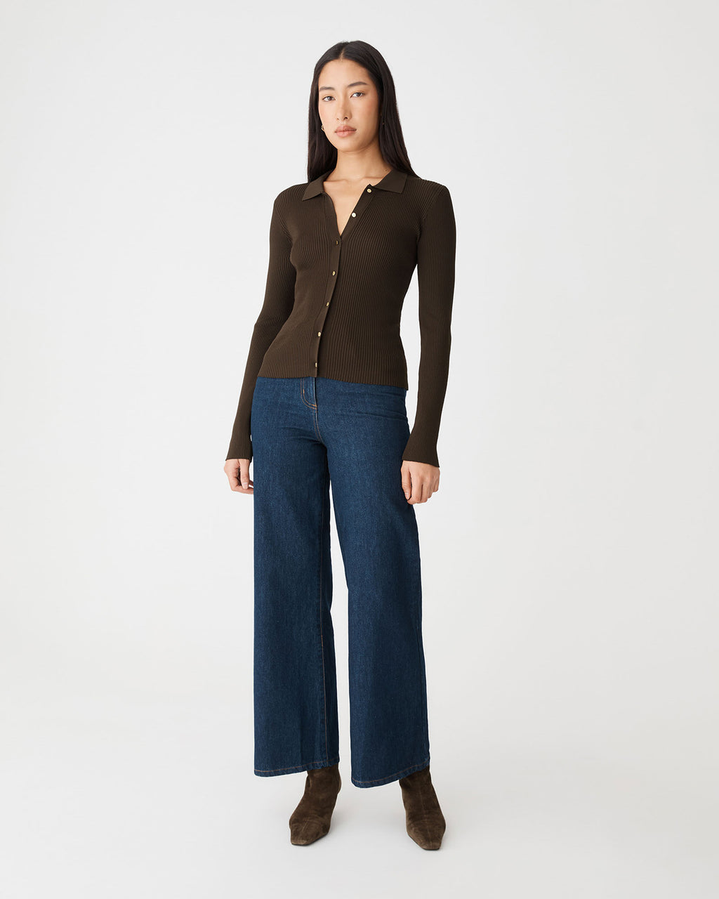 Bristol Collared Rib Cardigan in chocolate — full-length view