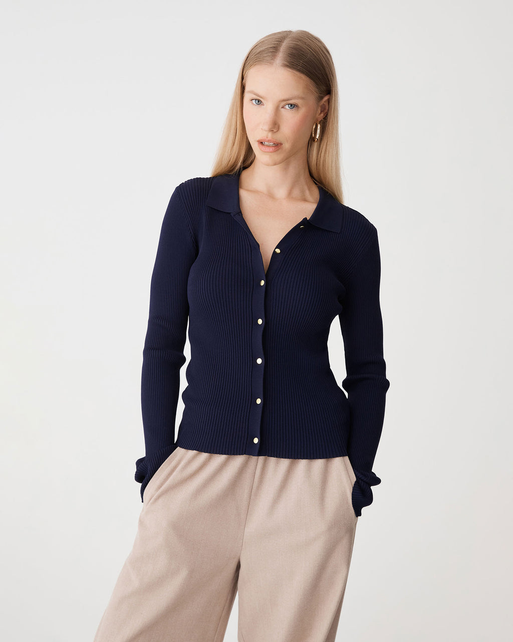 Bristol Collared Rib Cardigan in navy — close-up view