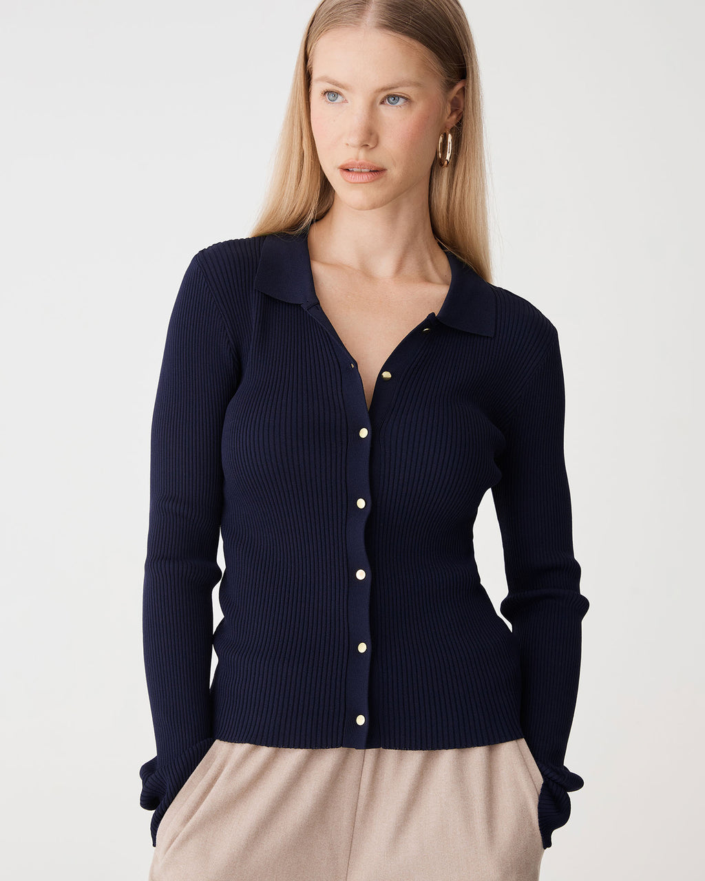 Bristol Collared Rib Cardigan in navy — close-up view 2