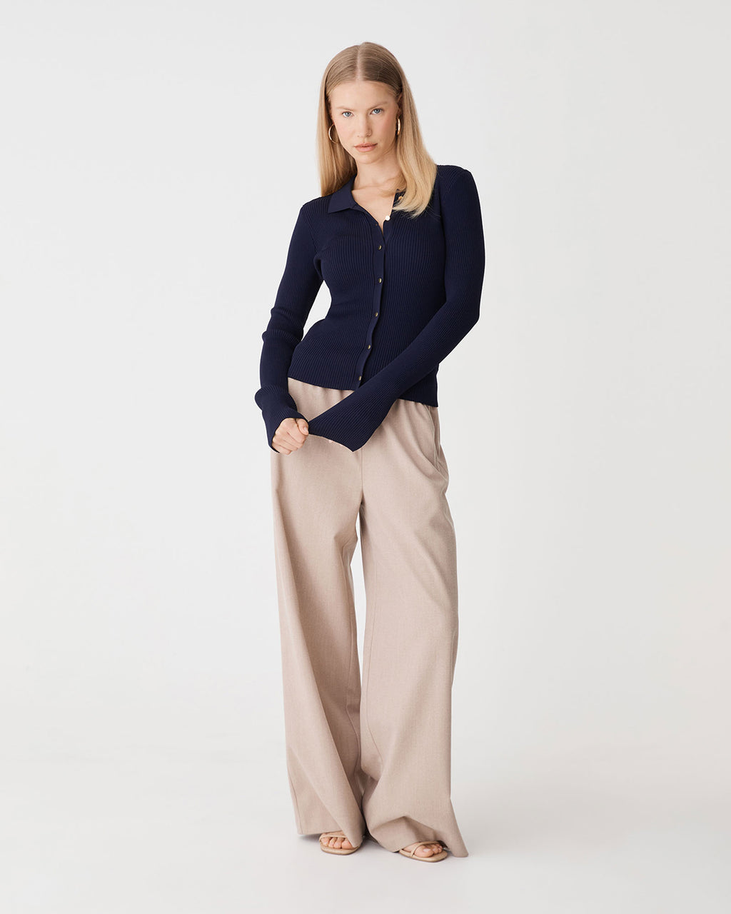 Bristol Collared Rib Cardigan in navy — full-length view