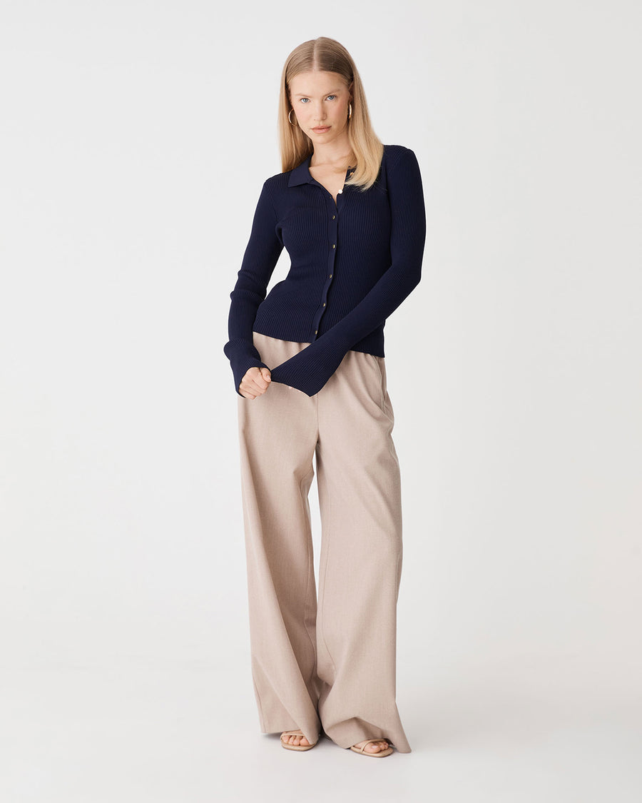 Bristol Collared Rib Cardigan in navy — full-length view