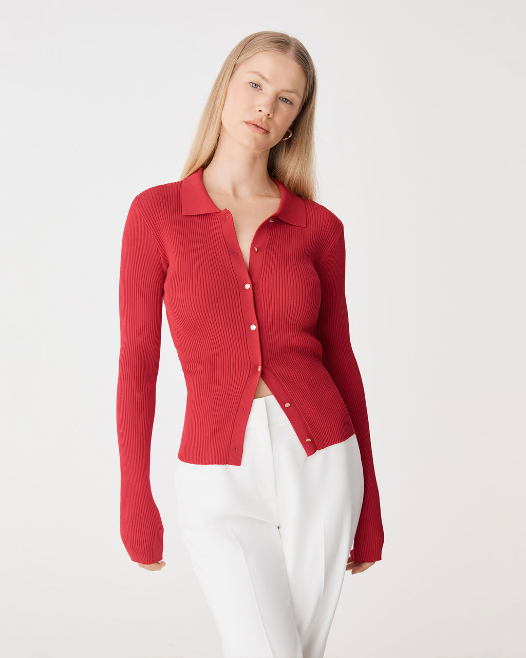 Bristol Collared Rib Cardigan in scarlet — close-up view