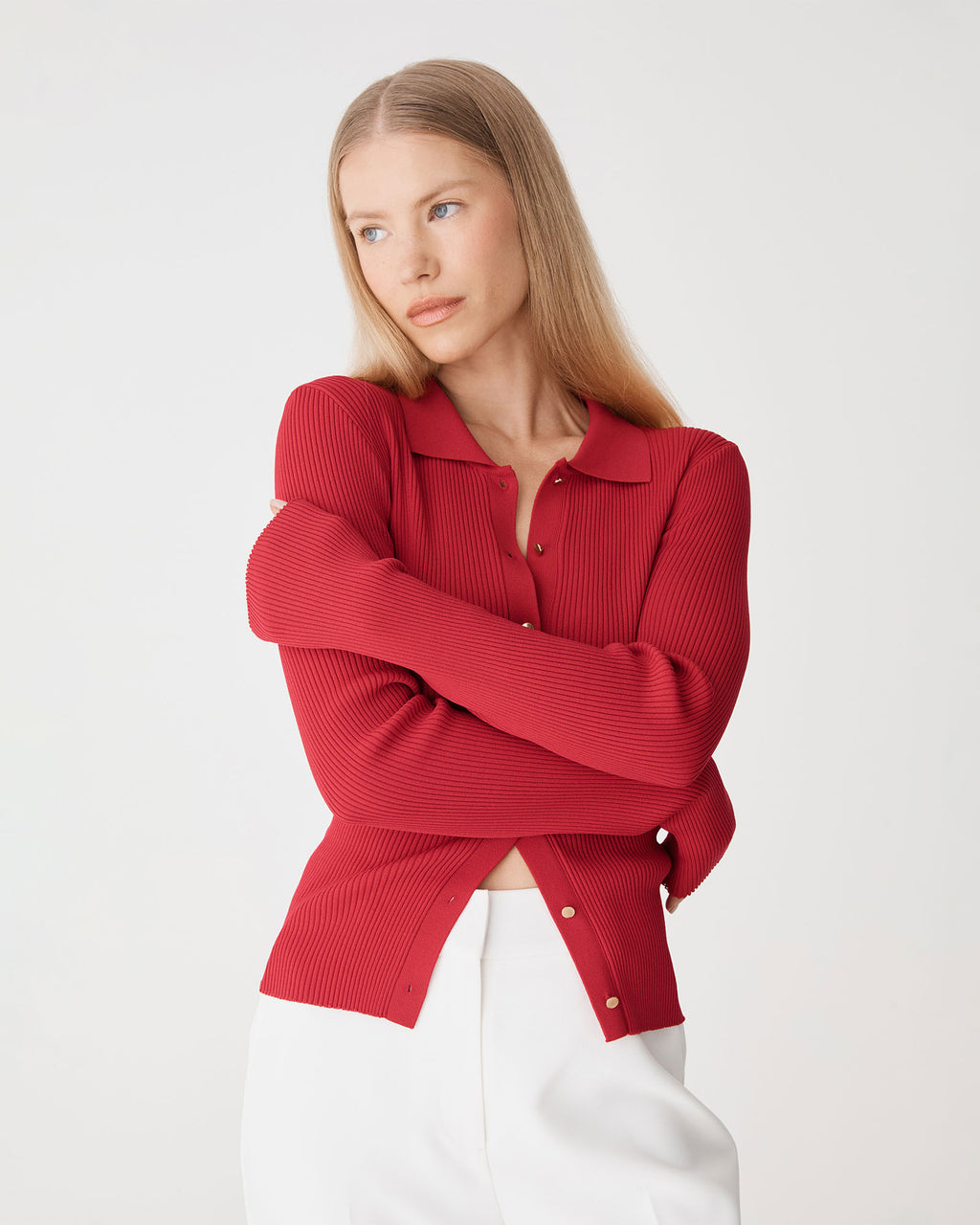 Bristol Collared Rib Cardigan in scarlet — close-up view 2