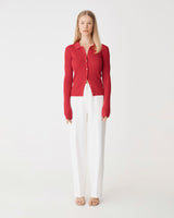 Bristol Collared Rib Cardigan in scarlet — full-length view