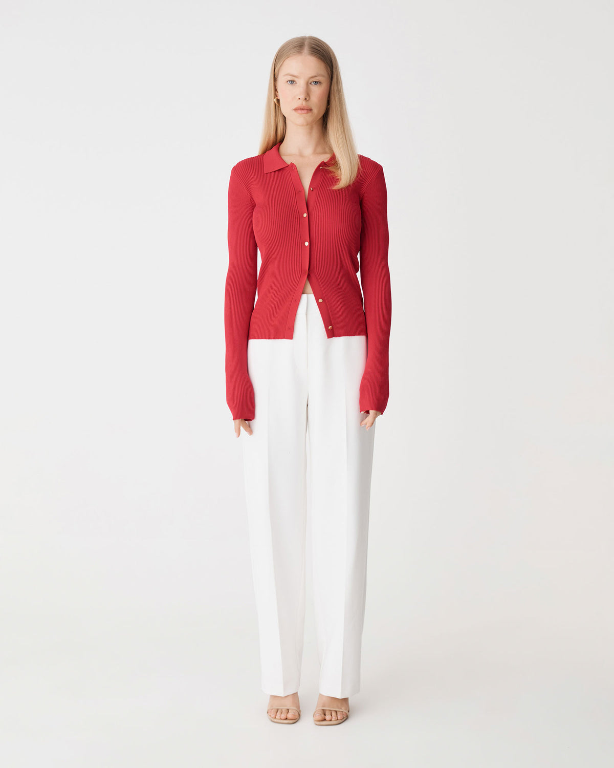 Bristol Collared Rib Cardigan in scarlet — full-length view