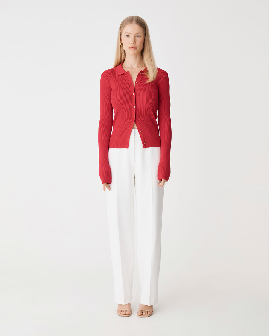 Bristol Collared Rib Cardigan in scarlet — full-length view