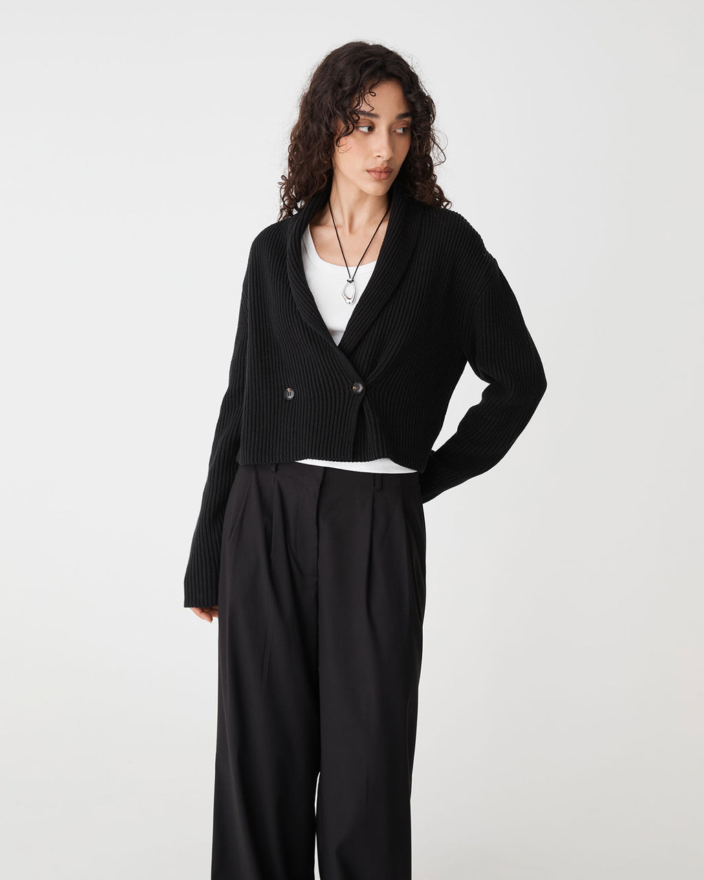 Avery Shawl Collar Cardigan in black — close-up view